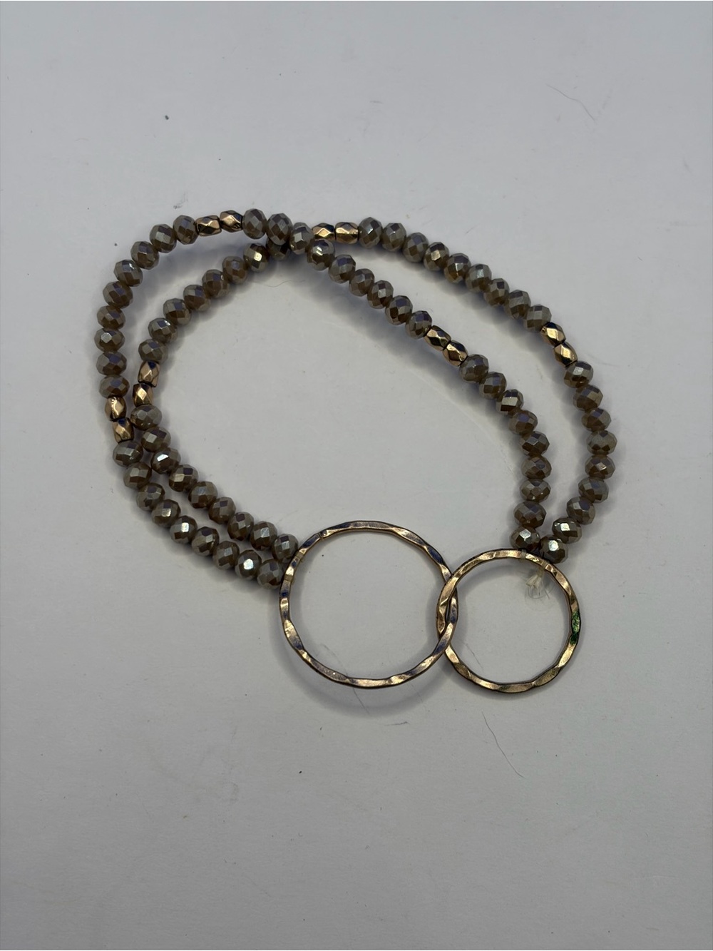 Gray Crystal Beaded Double Strand Stretch Bracelet Gold Tone Circles
